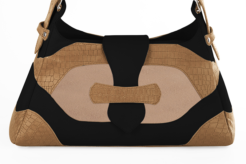 Dress handbag in camel beige, biscuit beige and matt black leather - Profile view